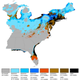 A map of the likely distribution of ragweed under an optimistic climate scenario. Blue represents the spread of ragweed under different models, orange and brown represent a decline in ragweed, while black represents areas where the plant’s growth will remain stable.